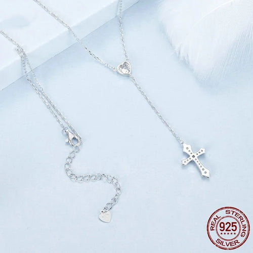 925 silver love cross pendant necklace on V-neck chain in BSN384 colour