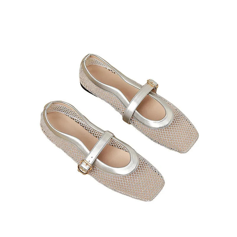 Women's beige mesh summer pumps with a square toe and silver buckle closure on a flat beef tendon sole.