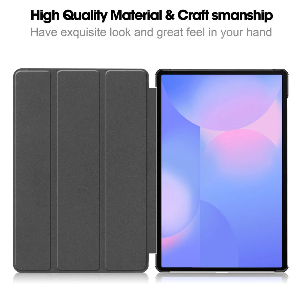 Samsung Tab S10 FE Plus tablet in a tri-fold black leather case with built-in stand open for viewing.