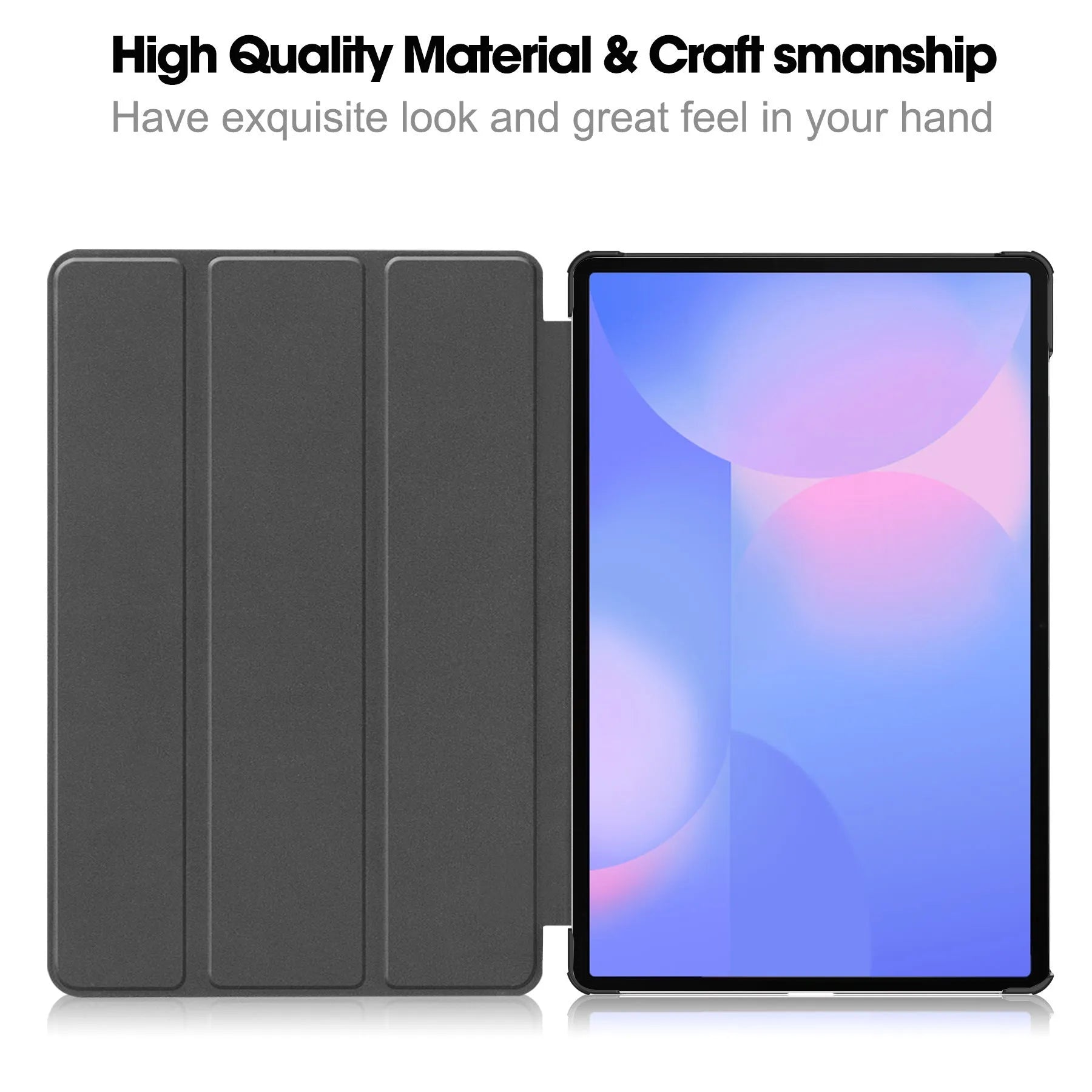 Samsung Tab S10 FE Plus tablet in a tri-fold black leather case with built-in stand open for viewing.
