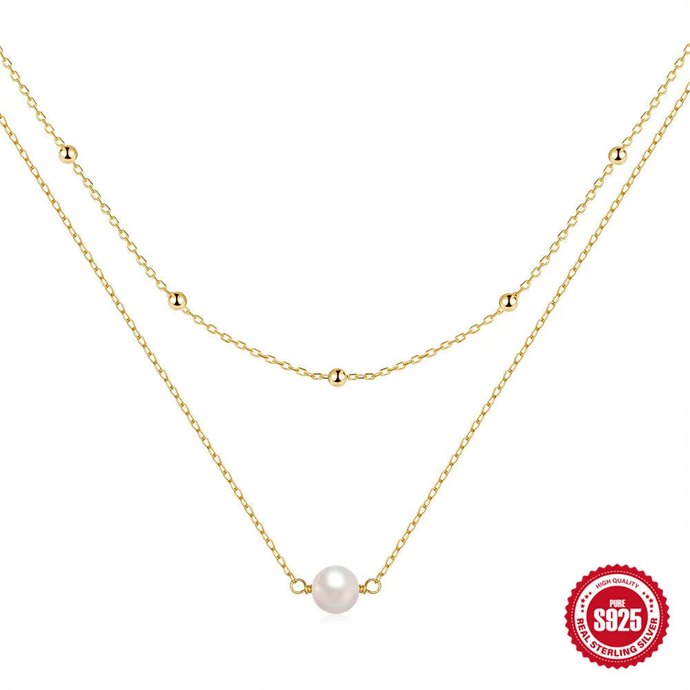 S925 sterling silver double layer women's necklace with twin pearls and geometric pendant on ball bead chain.