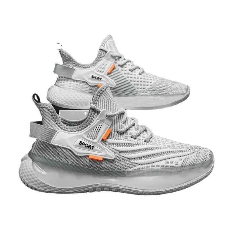 Men's white mesh platform sneakers with woven design and flat rubber sole
