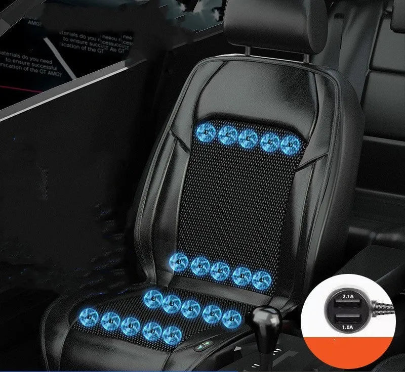 Car seat cushion with ventilation fan system showing multiple colour options and fan configurations