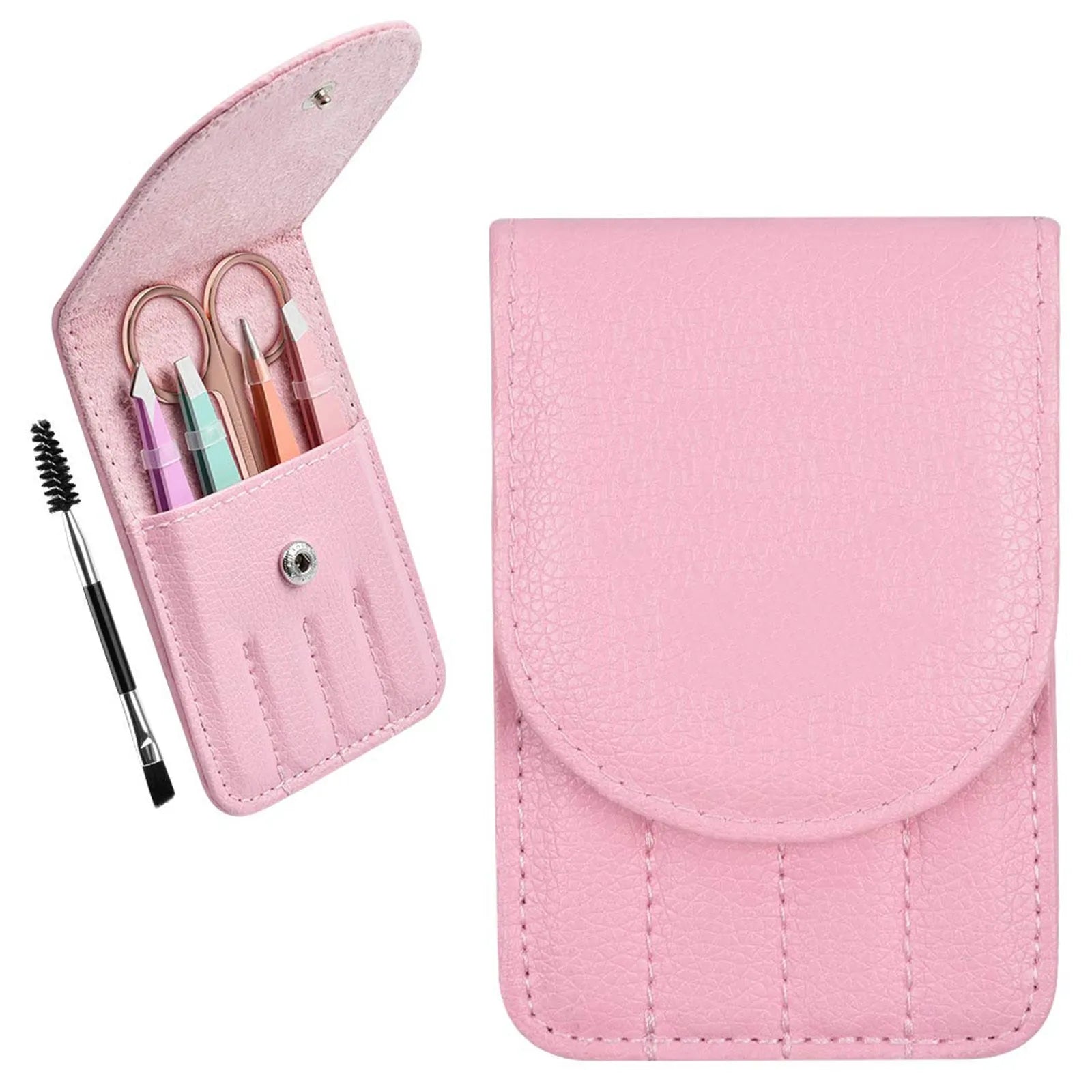 Professional 6-piece stainless steel eyebrow tweezers set with curved scissors and leather case