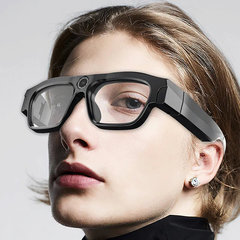 Black smart Bluetooth glasses with integrated camera for head-mounted video recording