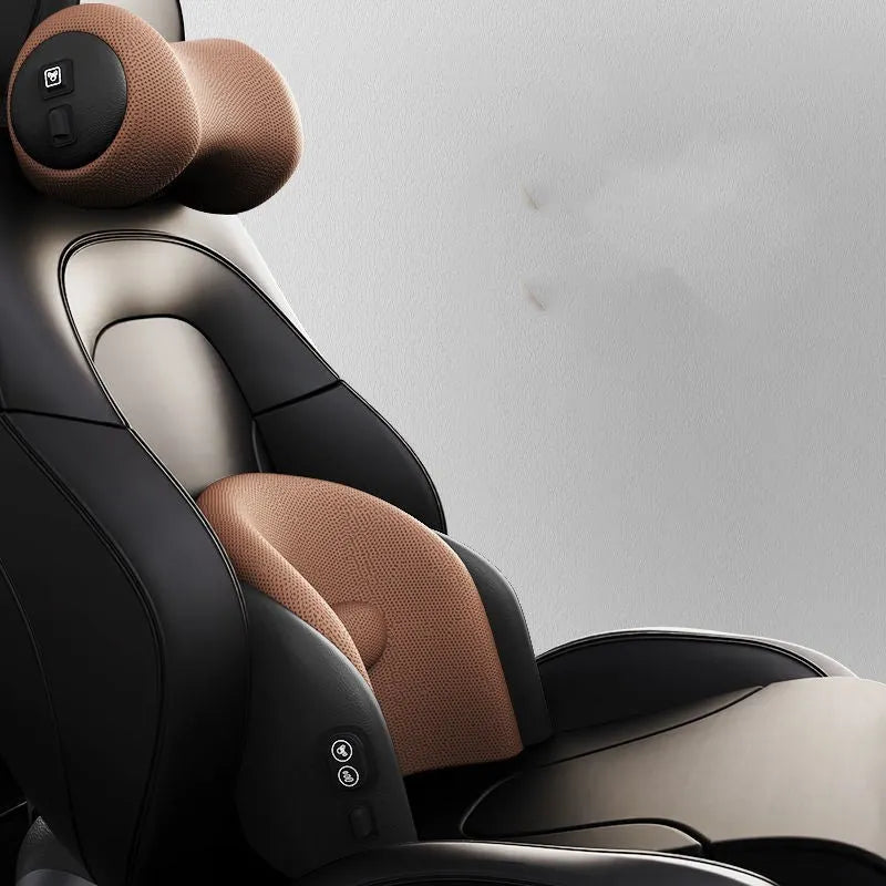 A black car massage cushion with electric vibration controls, placed on a car seat for neck and lumbar support.