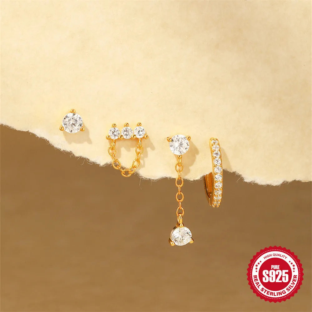 S925 sterling silver earrings with geometric clover petal design and electroplated gold finish