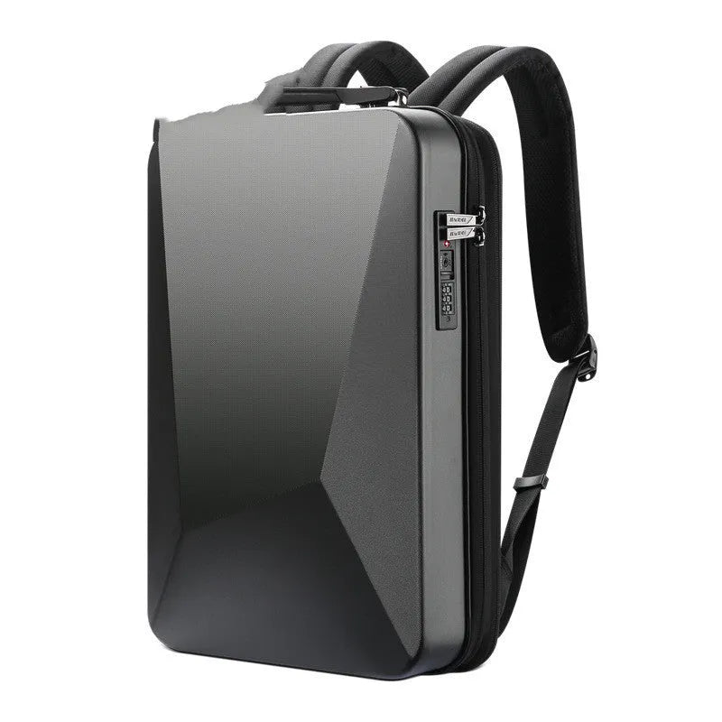 Large PC hard shell gaming backpack in titanium gold silver colour with double shoulder straps and organisational pockets