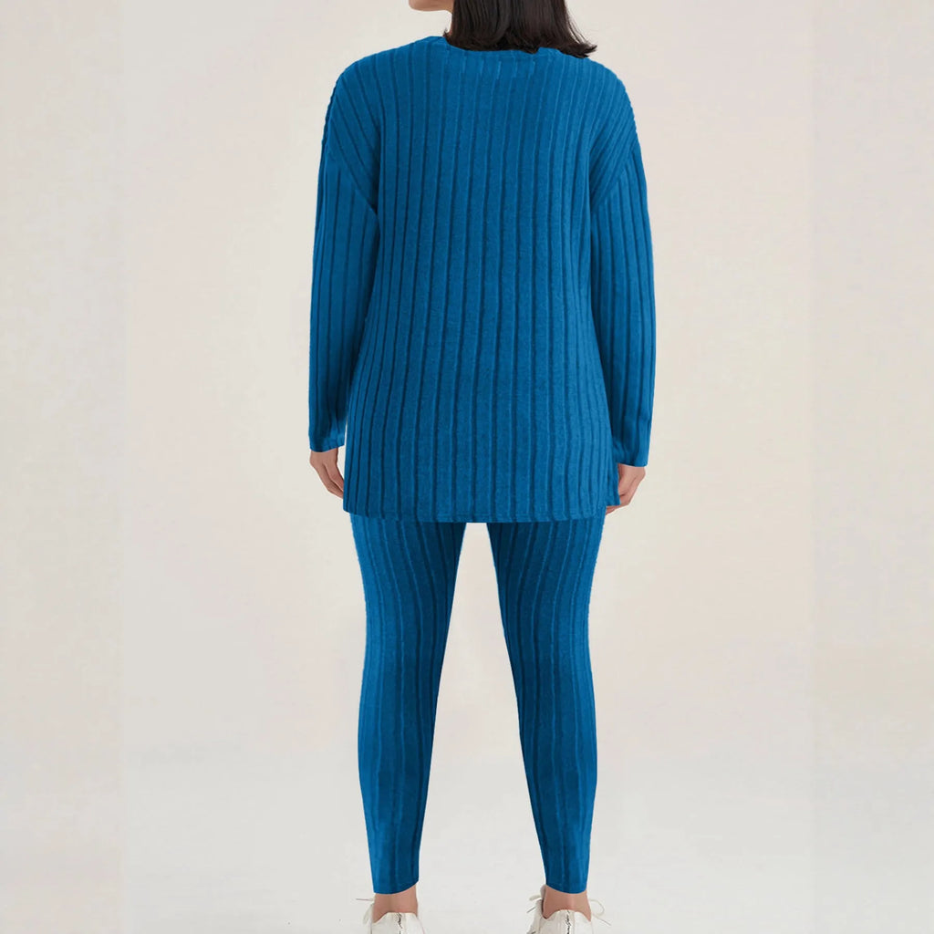 Black sunken stripe two-piece lounge set for women, showing top and pants.
