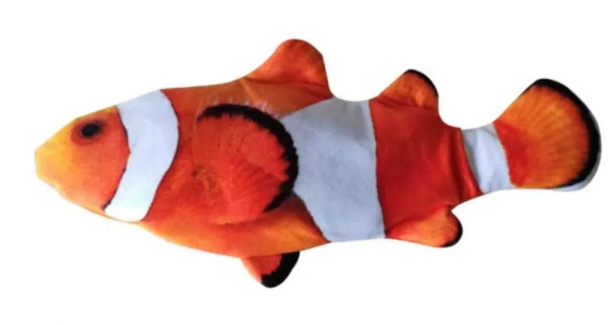 Multicolour electronic fish cat toy measuring 30cm with USB charging cable