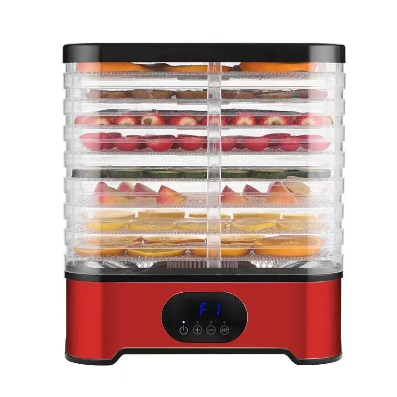 Silver or red household food dehydrator with 8 drying trays, showing compact design.