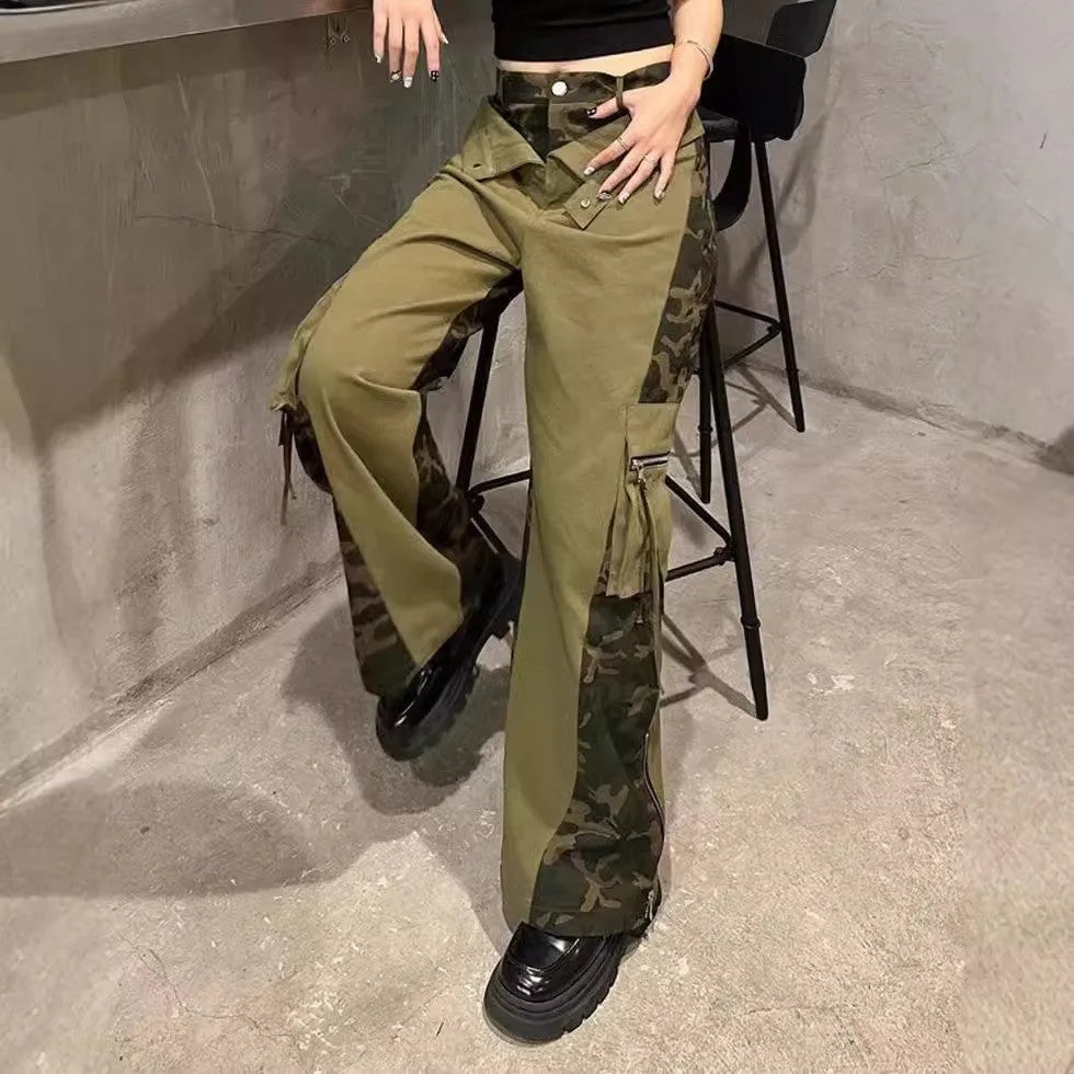 Dark khaki leopard print high waist jeans with tooling style stitching and straight leg cut
