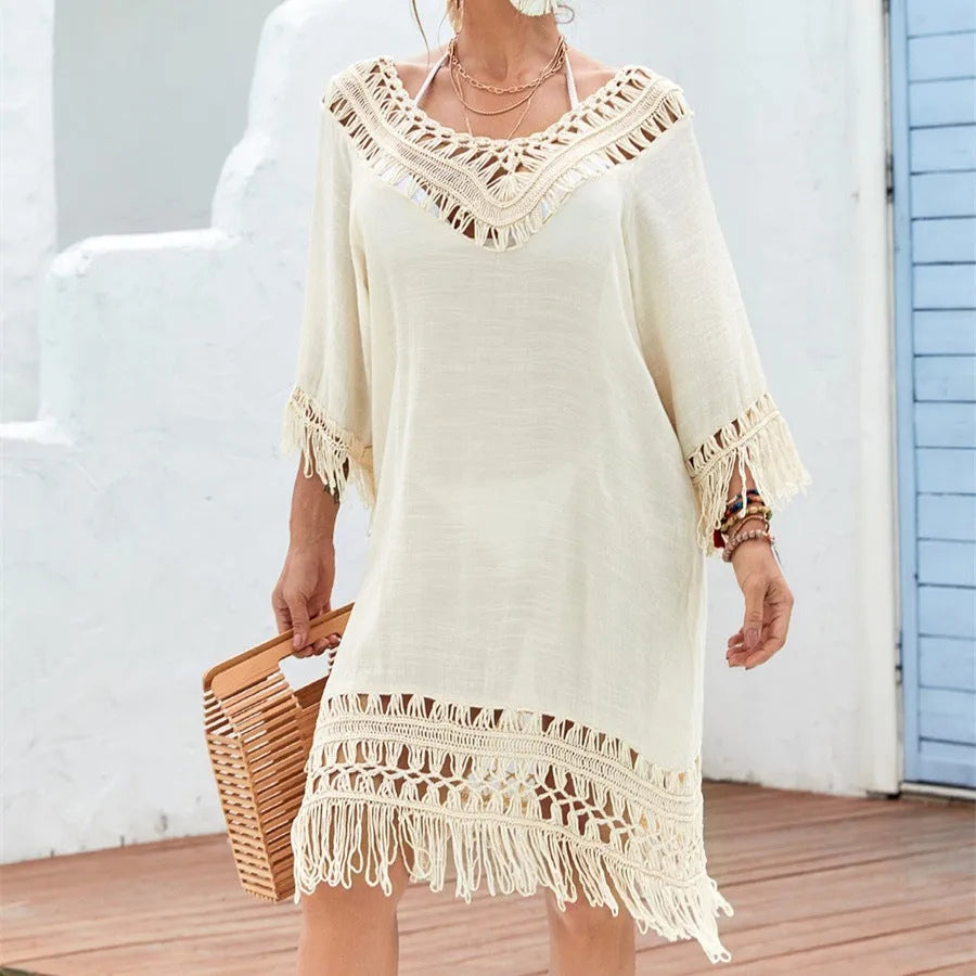 Women's apricot crocheted patchwork beach dress with half sleeves and mid-length skirt