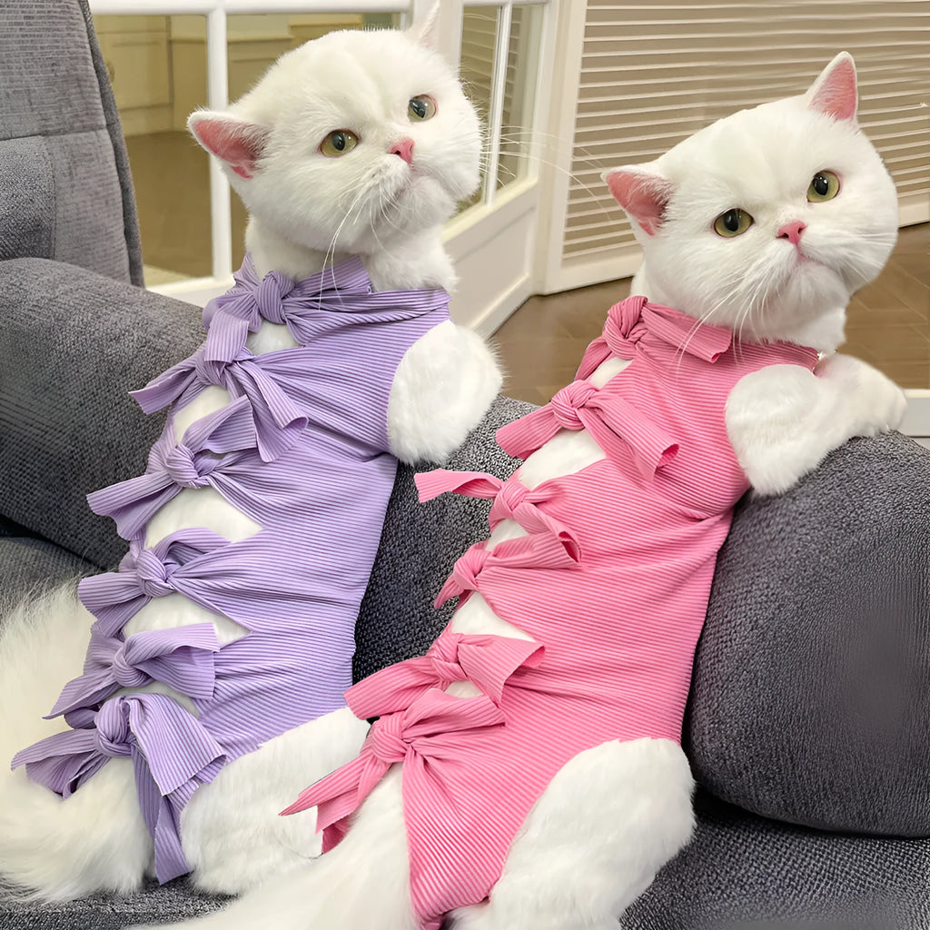 Lace-up polyester cat sterilisation recovery suit in assorted colours on a size chart