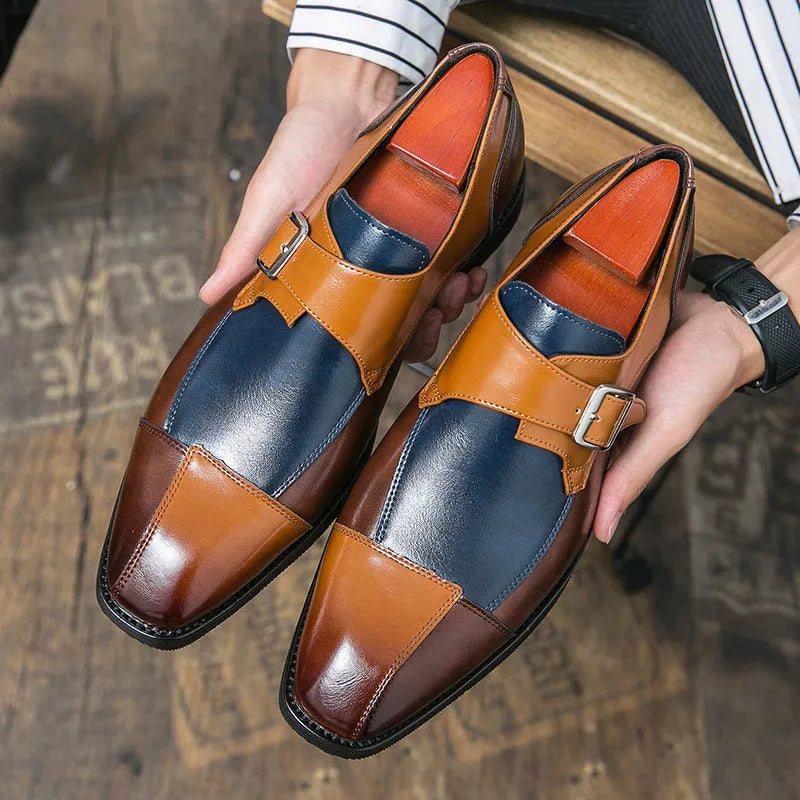 Men's brown blue retro buckle casual shoes with microfiber upper and adjustable closure