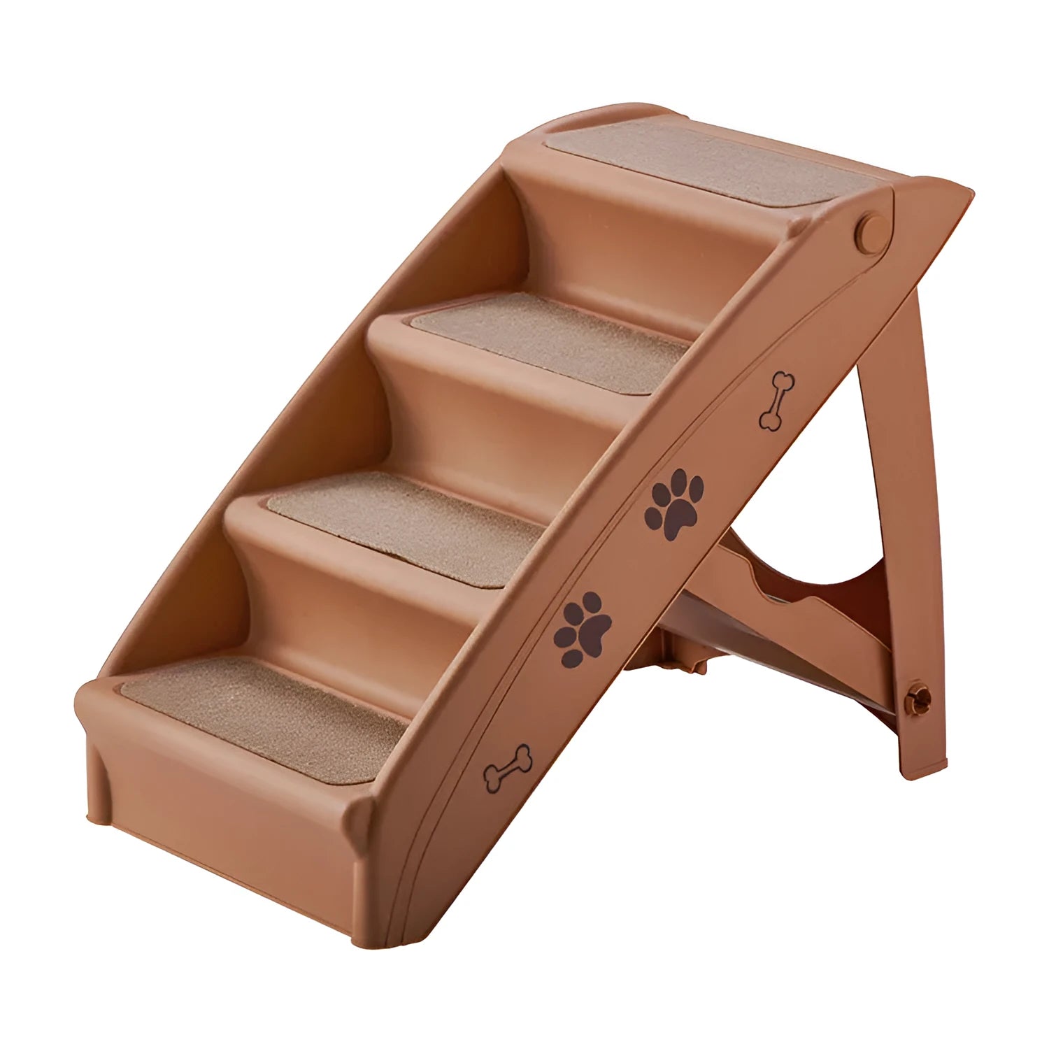 Foldable plastic pet ladder for small dogs and cats on a floor next to a sofa.