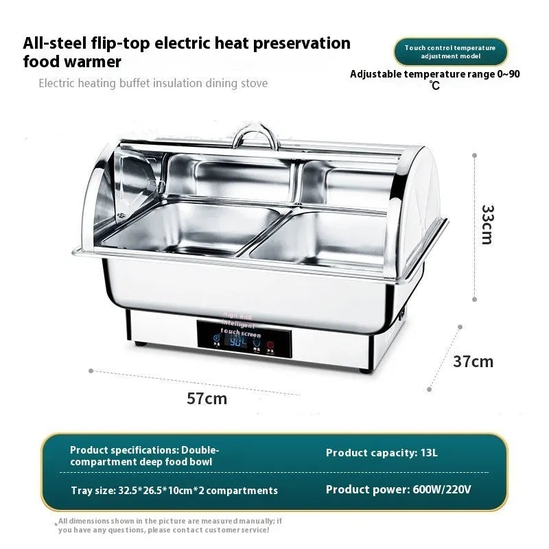 Stainless steel electric buffet stove with transparent flip lid and LCD temperature display