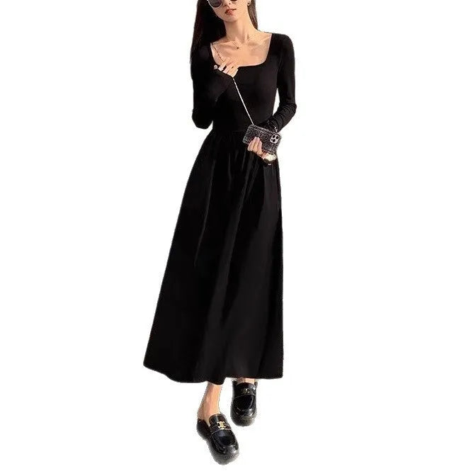Women's black knitted square collar dress with elastic waist and A-line long skirt