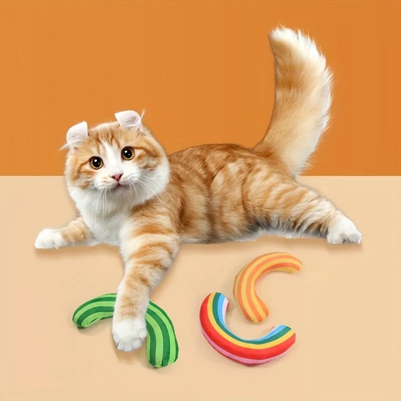 Striped pattern cat pillow toy with built-in catnip in green, rainbow, or yellow colours