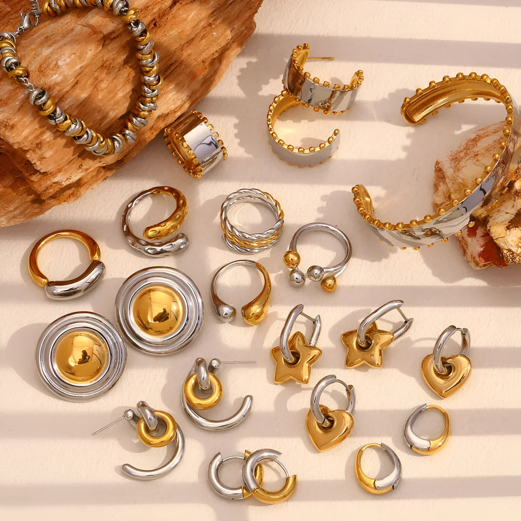 Women's geometric gold electroplated stainless steel jewellery set with earrings, bracelet and necklace