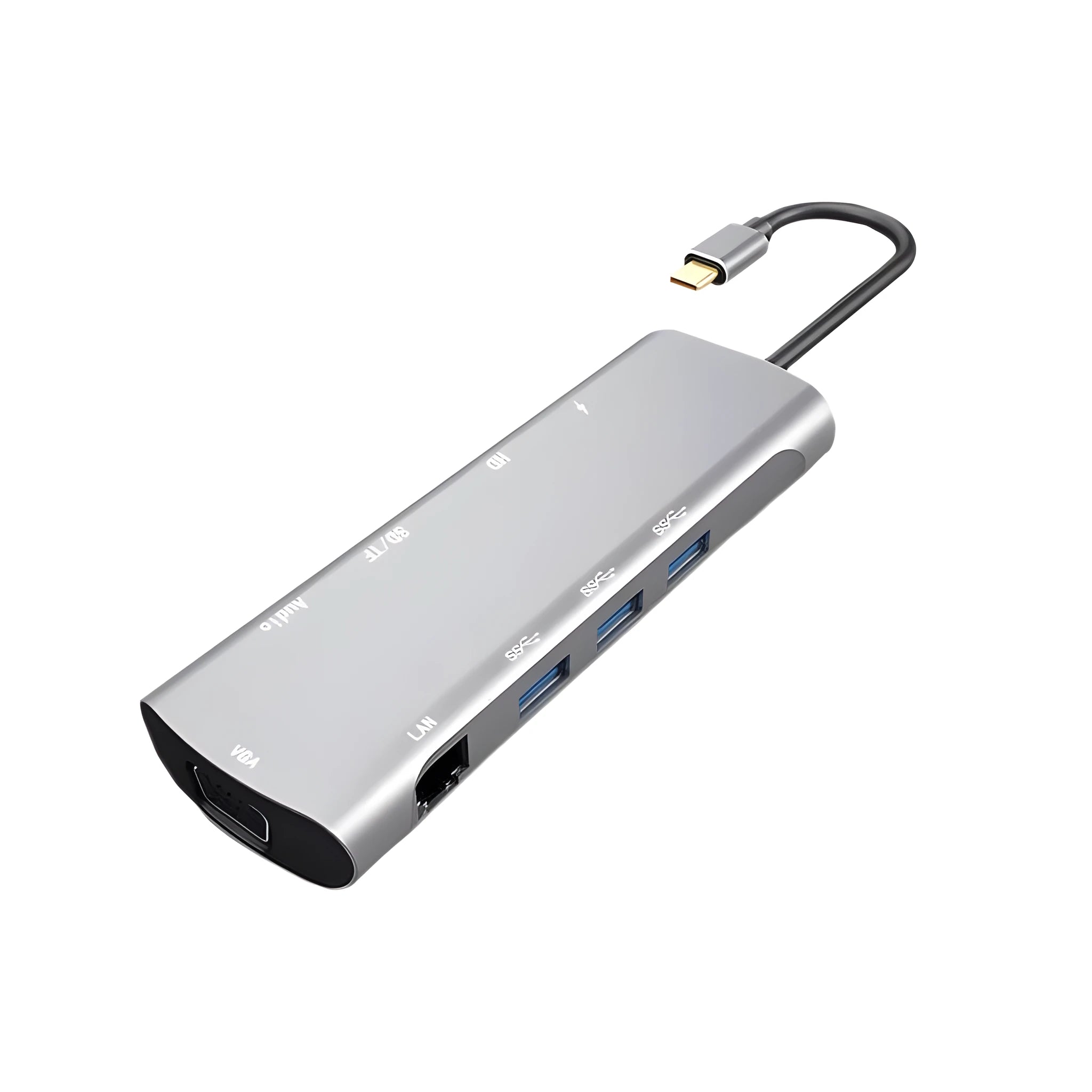 Grey aluminium USB-C docking station with HDMI, VGA, USB port, and a 140mm cable.