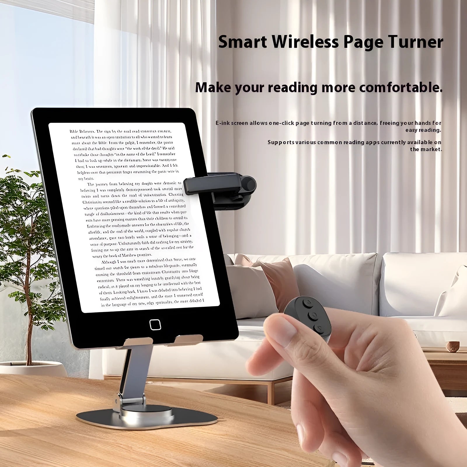 Wireless page turner remote control with clicker for tablets and e-readers in black, white, or pink