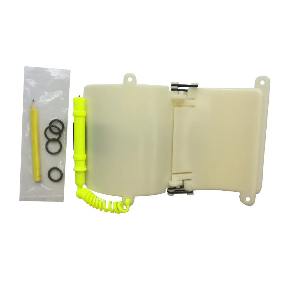 White luminous dive slate wristboard for underwater communication with pencil and spare O-ring seal