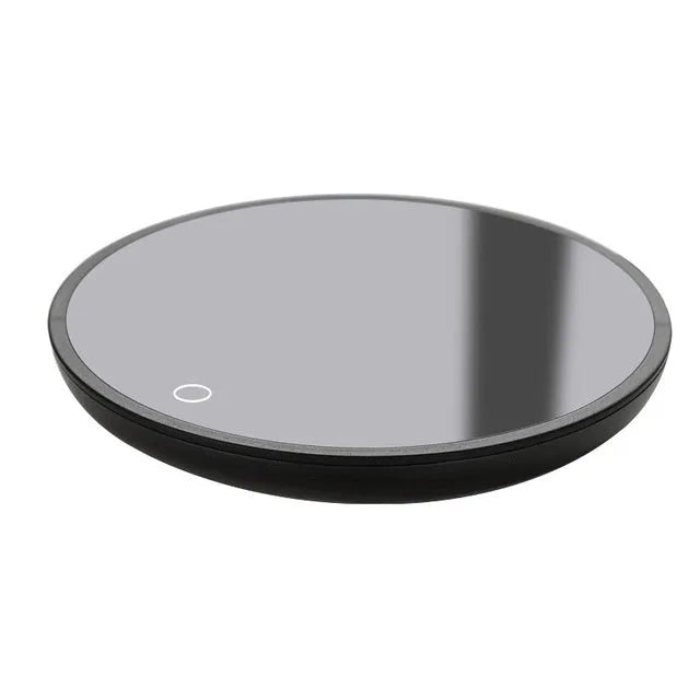 Black coffee cup warmer with 12 cm tempered glass heating surface and ABS plastic base