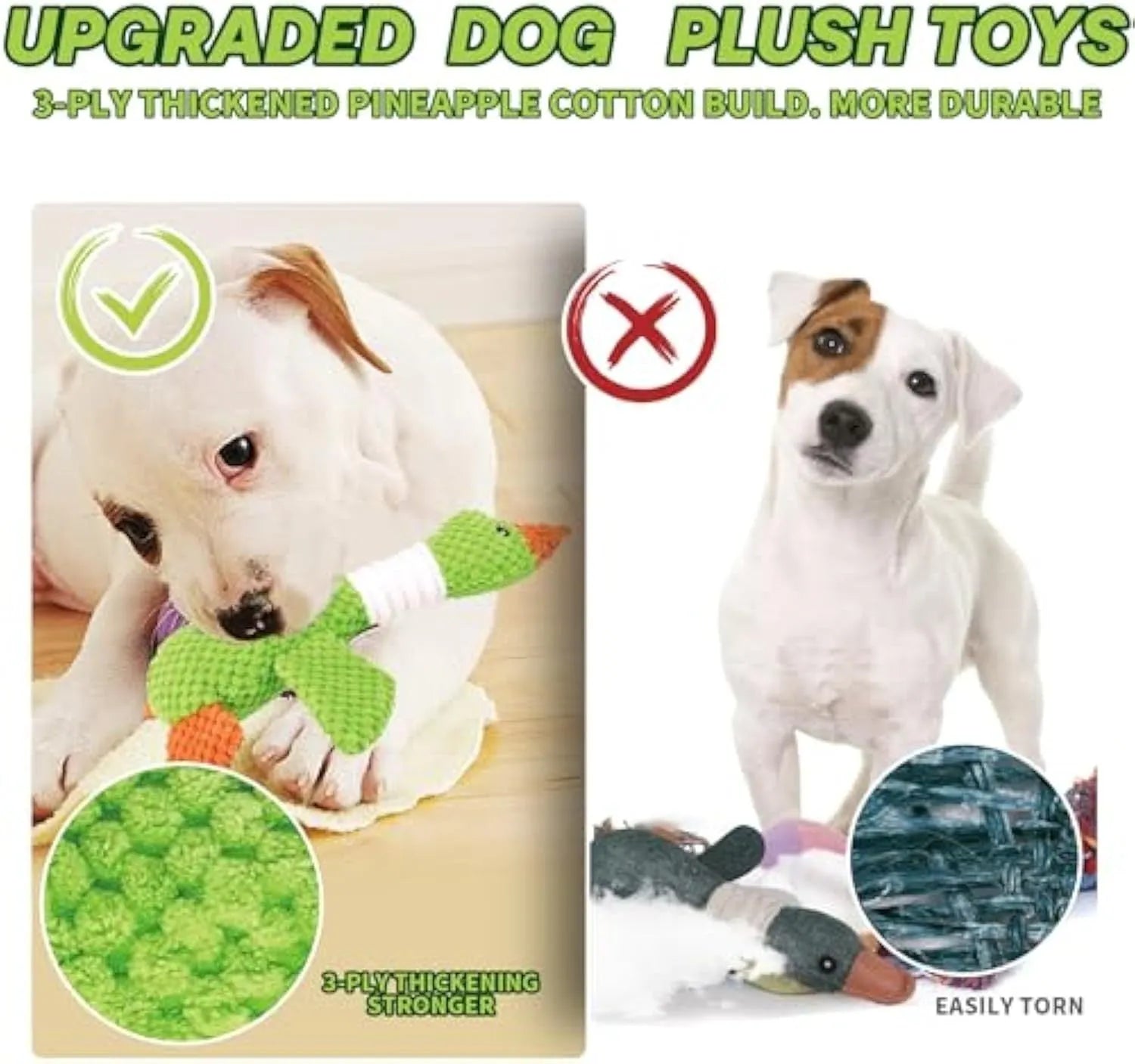 Blue plush duck dog chew toy with two squeakers measuring 33cm by 10cm