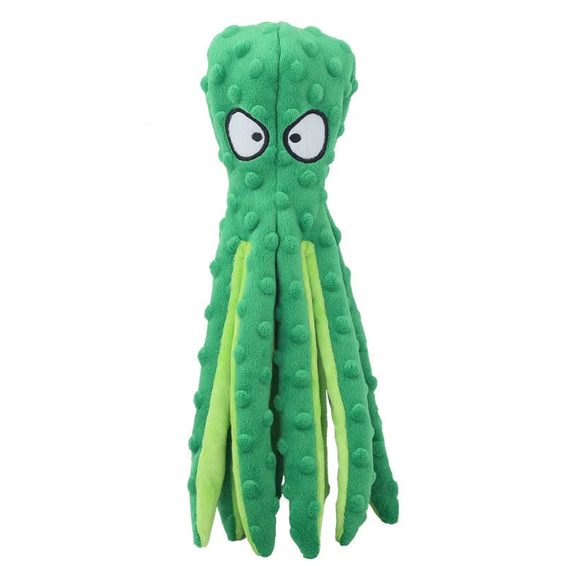 Blue octopus-shaped dog chew toy with crinkle sounds, unfilled construction, bite-resistant mesh material