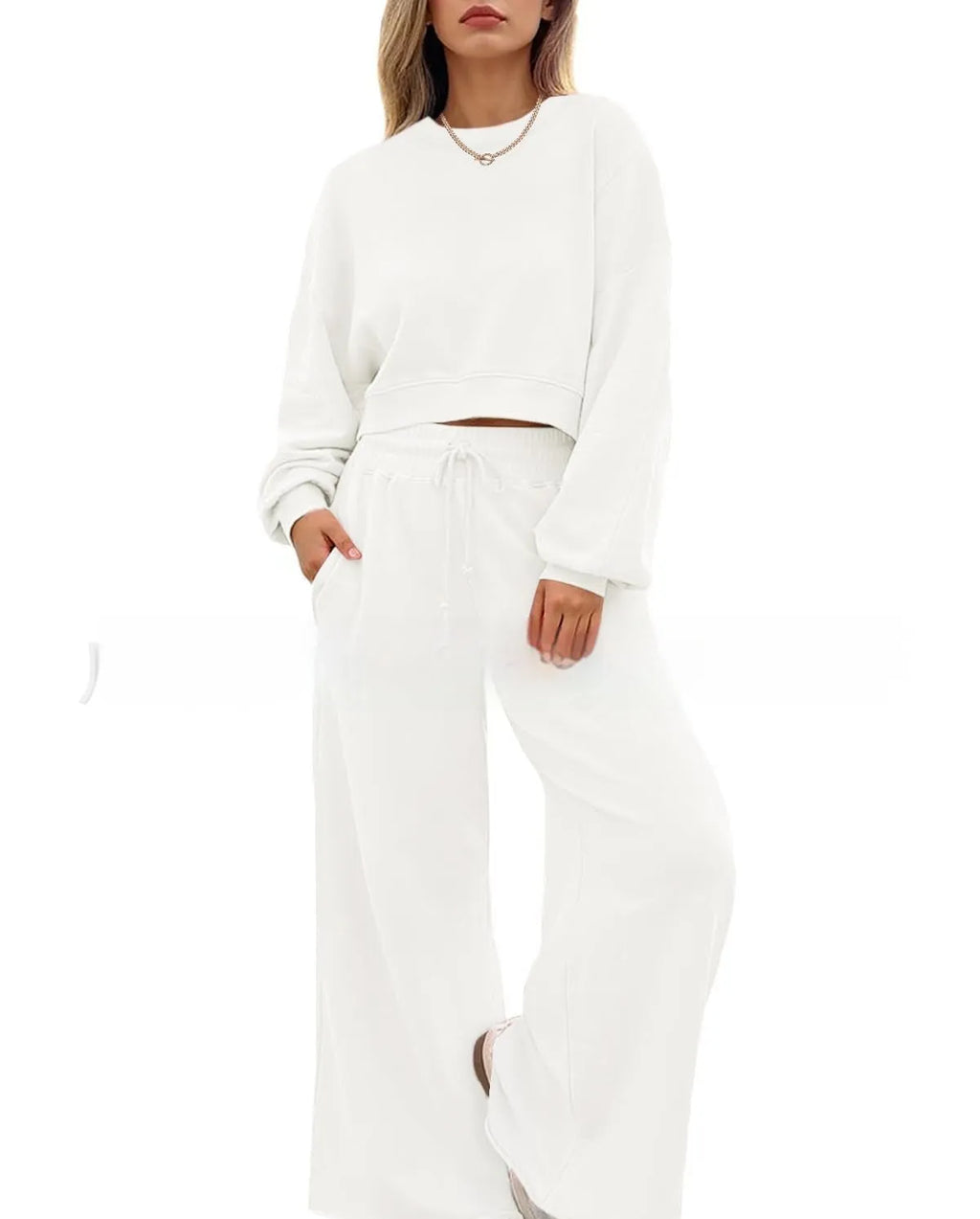 Women's solid colour polyester two-piece set with long sleeves and trousers in apricot