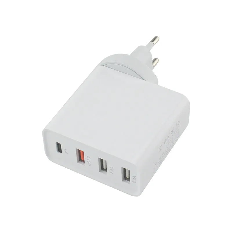 Black 48W four-port USB-C PD fast charger with LED indicators showing charging status