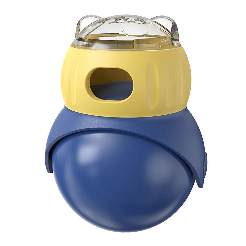 Yellow and blue owl-shaped plastic tumbler cat feeder toy for interactive feeding