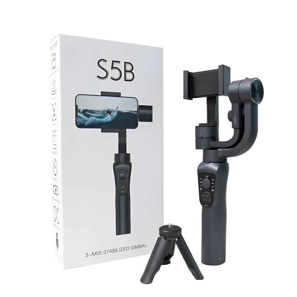 Black three-axis phone gimbal stabilizer with tripod accessory on table