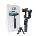 Black three-axis phone gimbal stabilizer with tripod accessory on table