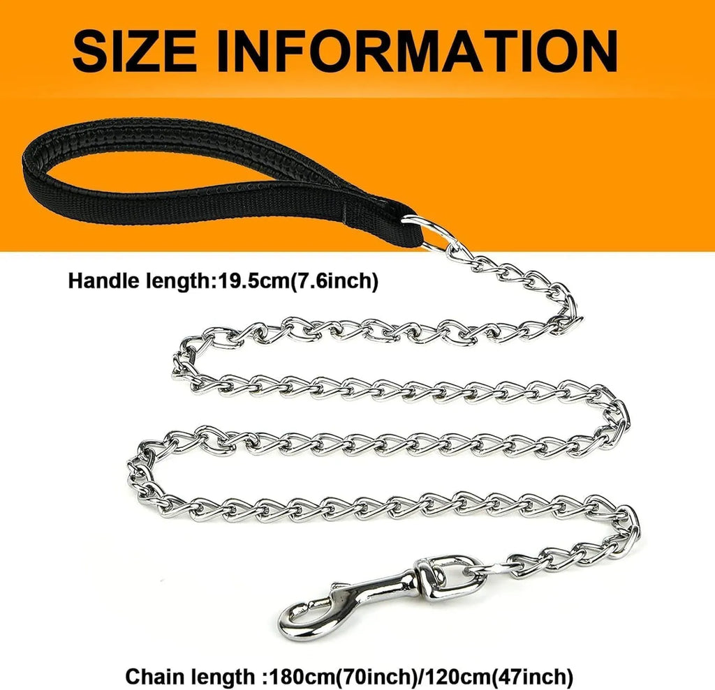 Heavy duty metal dog leash with chew proof chain and soft padded handle for large dogs