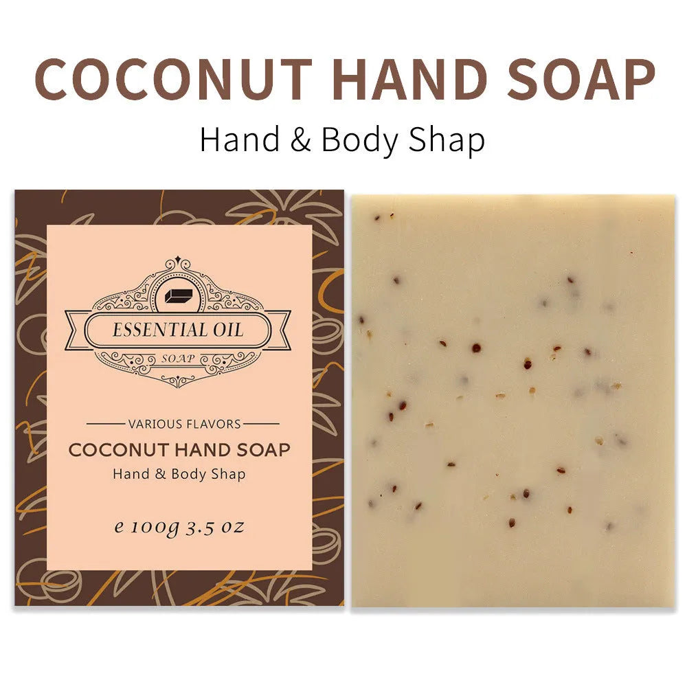Handmade frosted essential oil soap bar in 100g size with scent options including coconut, green tea, lavender, and rose