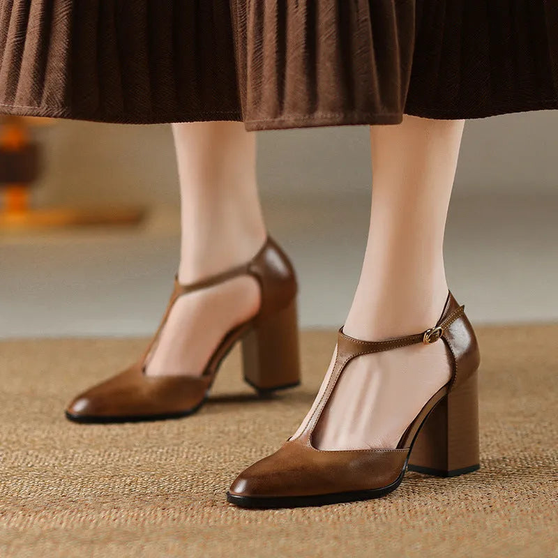 Women's retro Mary Jane shoes with pointed toe, hollow design and buckle fastening in pink or dark brown.