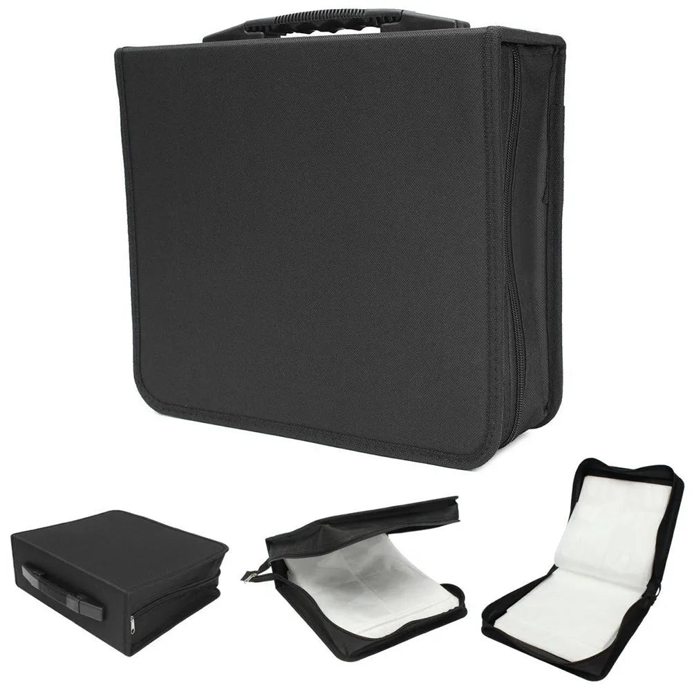 Black Oxford fabric CD storage organiser bag with zipper closure and top carry strap.