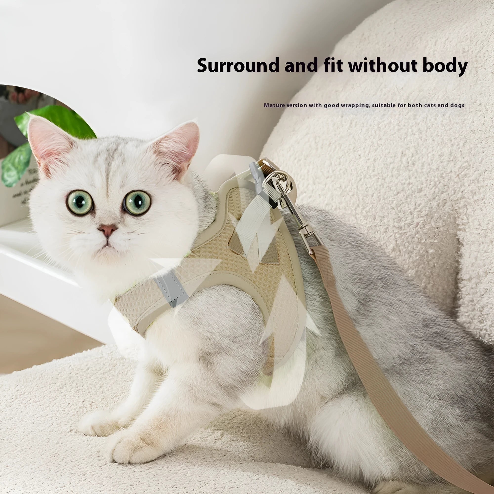 Brown waffle cloth cat harness with chest strap and integrated hand holding rope