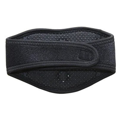 Black self-heating magnetic therapy neck guard with adjustable shoulder strap laid flat.