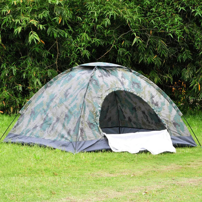 Green camouflage outdoor tent for two persons with fibre glass poles and waterproof Oxford cloth construction