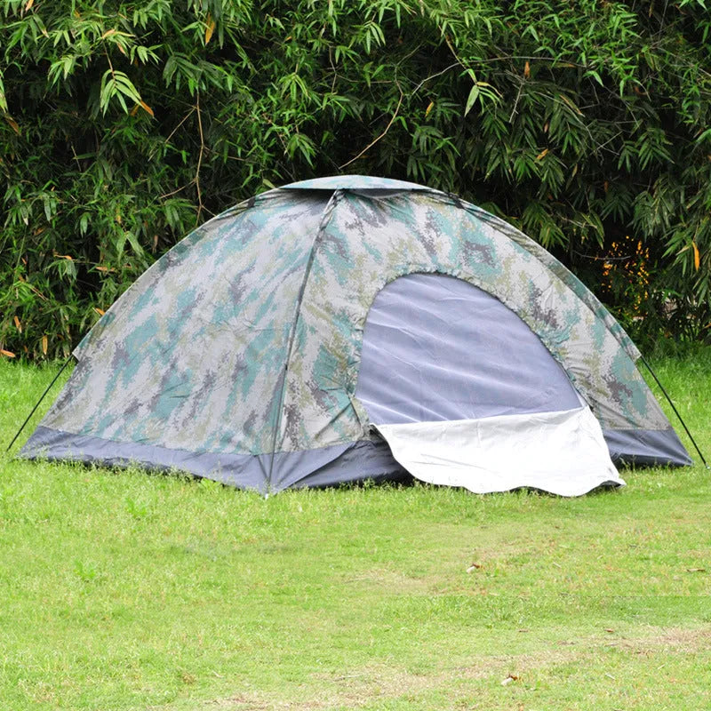 Green camouflage outdoor tent for two persons with fibre glass poles and waterproof Oxford cloth construction