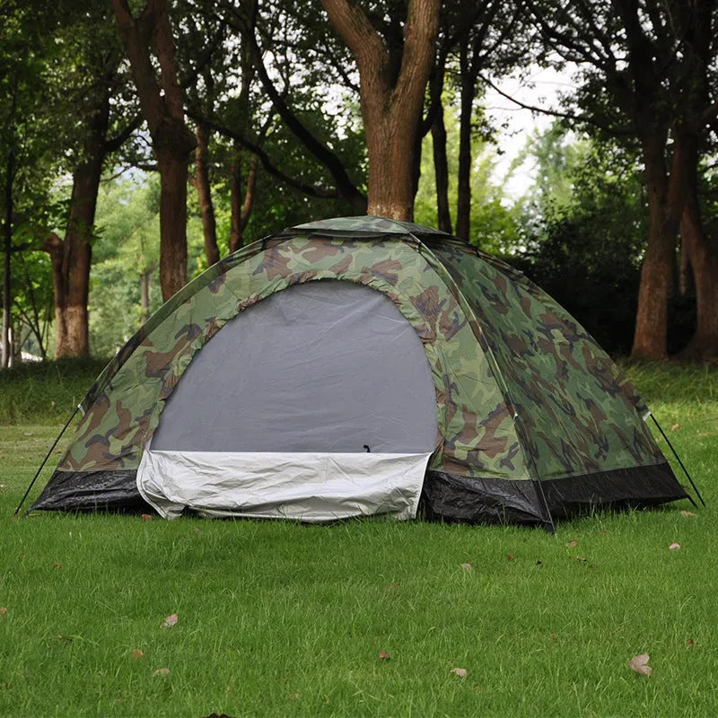 Green camouflage outdoor tent for two persons with fibre glass poles and waterproof Oxford cloth construction