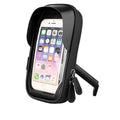 Black waterproof bicycle phone holder with clear touch screen mounted on handlebars.