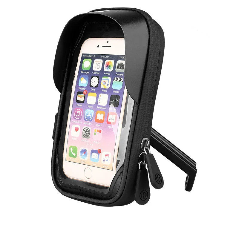 Black waterproof bicycle phone holder with clear touch screen mounted on handlebars.