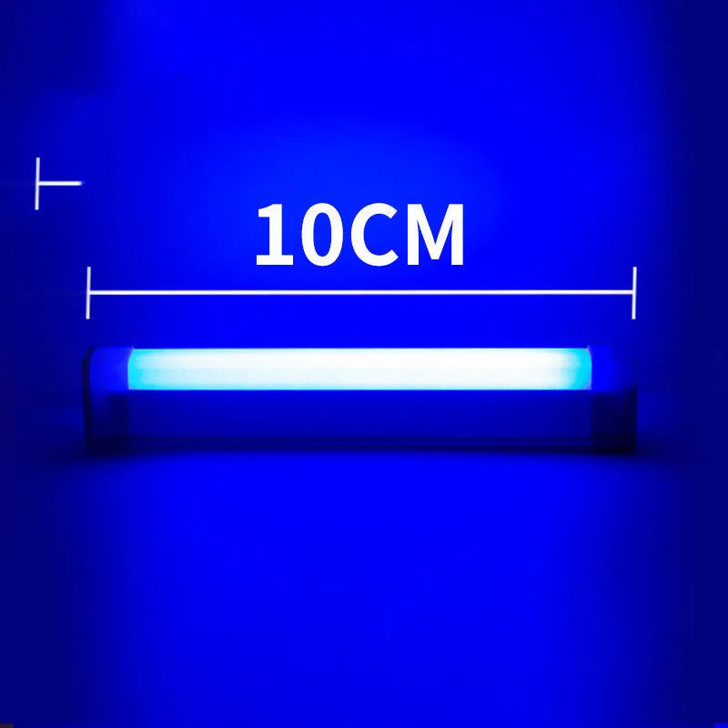 Rechargeable dimmable LED tube light in blue or purple colour showing 17cm, 32cm, and 52cm size options.