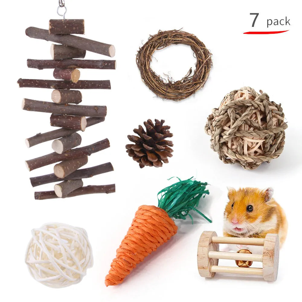 Wooden toy combination set for rabbits, guinea pigs, and parrots with straw mattress and natural material balls