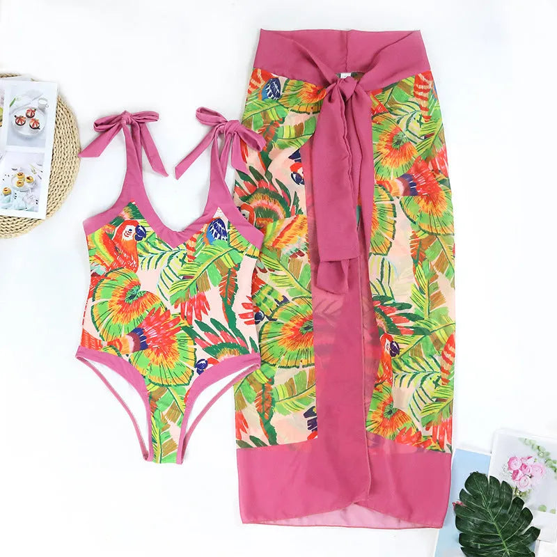 Retro pink floral print one-piece swimsuit with V-neck and covered belly thin skirt design