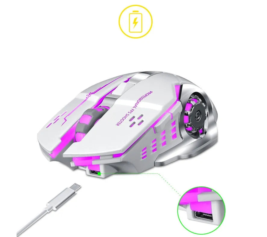 Wireless silent computer mouse in black colour with optical sensor and six buttons